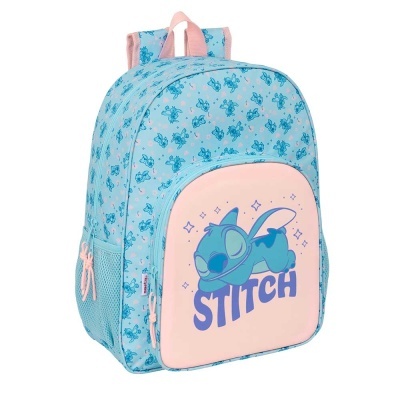 Mochila azul clara e rosa com padrão e imagem do Stitch