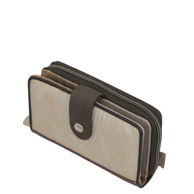 Carteira feminina bege e castanha com fecho de botão e zíper