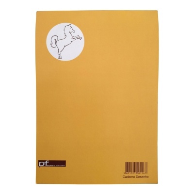 Caderno de desenho com capa amarelo-laranja e etiqueta de cavalo