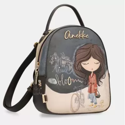 Mochila bege e cinzenta com design feminino e escrita Anekke