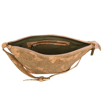 Bolsa tiracolo com padrão cortiça e interior verde