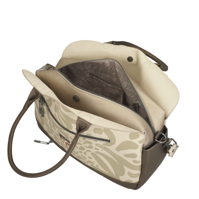 Mala de senhora bege e castanha com padrão abstrato e alças castanhas