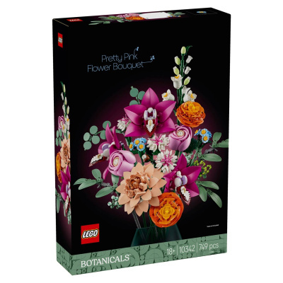 Caixa LEGO BOTANICALS Pretty Pink Flower Bouquet com flores rosa, laranja, bege e folhas verdes