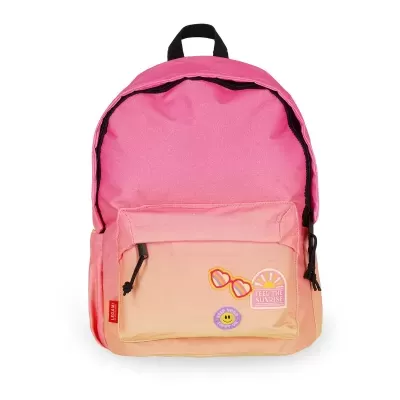 Mochila rosa e salmão com bolso frontal decorado e etiqueta vermelha LEGAMI