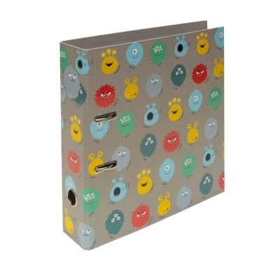 Pasta de arquivo com padrão de monstros coloridos e etiquetas em inglês