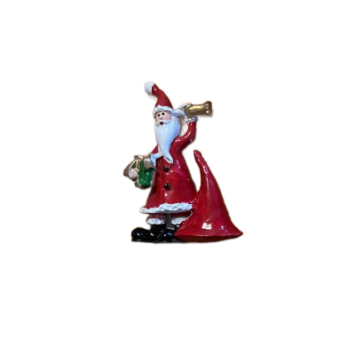 Figurinha decorativa de Pai Natal vestido de vermelho segurando sino e saco