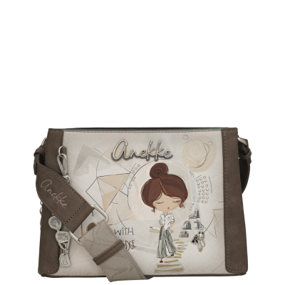 Mala de ombro Anekke bege e castanha com ilustração de menina e padrão geométrico