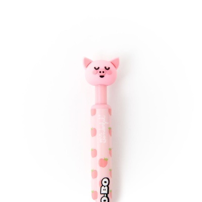 Caneta cor-de-rosa com cabeça de porquinho e padrão de maçãs