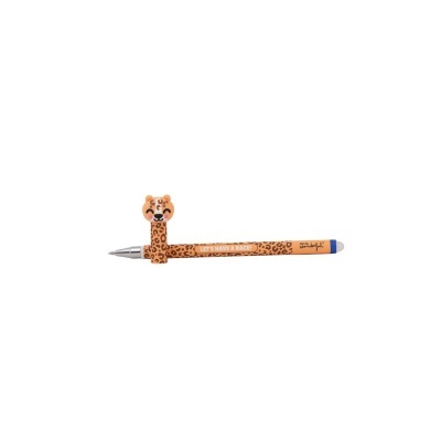 Caneta de leopardo laranja com cabeça decorativa e texto no corpo