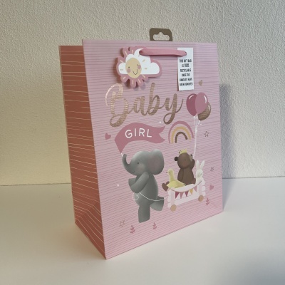 Saco de presente rosa para bebé menina com elefante, urso e balões