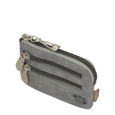 Carteira cinza com três fechos metálicos e símbolo de tartaruga