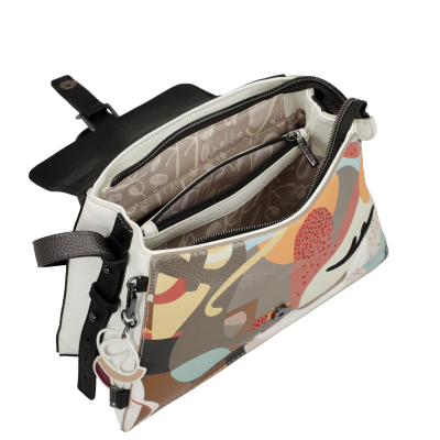 Mala de mão multicolorida com padrão abstrato e interior bege estampado