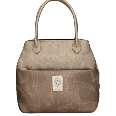 Mala bicolor bege e castanho claro com padrão abstrato e alças fixas