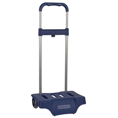 Carrinho de transporte azul com estrutura metálica e alça