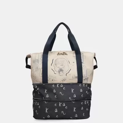 Mala de mão bege e preta com ilustração e padrão de letras