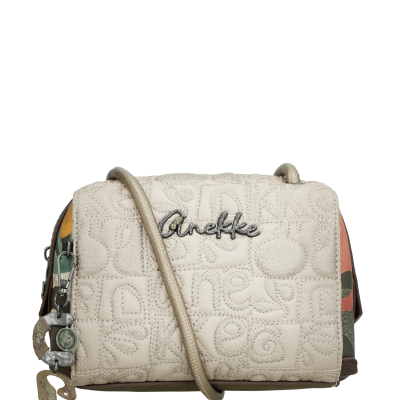 Mala de ombro bege claro com padrão de costura e logótipo Anekke