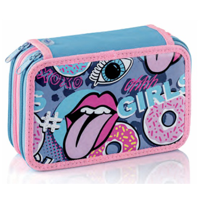 Estojo escolar azul com bordas rosa e padrão gráfico colorido com palavras e desenhos de bocas e donuts