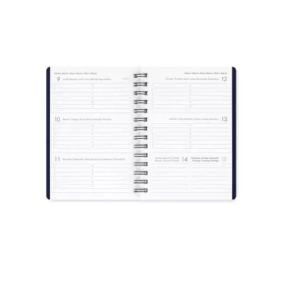 Agenda semanal aberta com páginas brancas, linhas e encadernação espiral