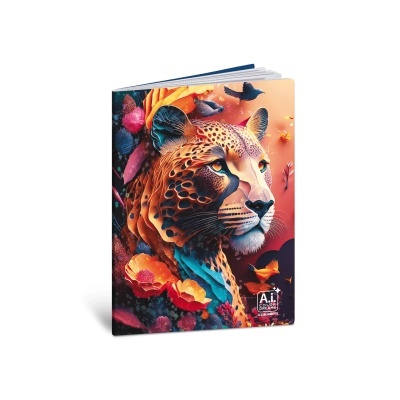 Caderno com capa dura com ilustração de leopardo colorido e texto A.i COLOR DREAMS BLASETTI