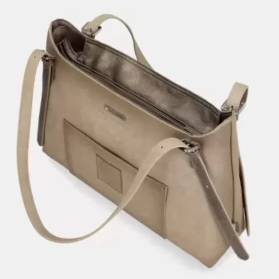 Mala de ombro bege com bolso exterior e alça ajustável