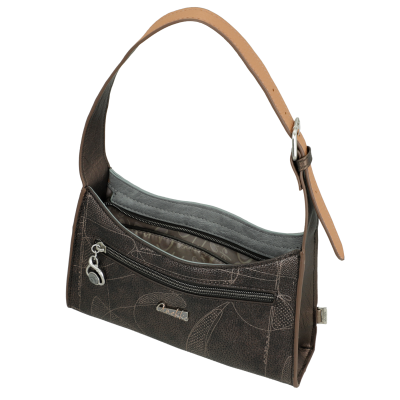 Mala de ombro feminina Anekke castanha escura com padrão floral e alça bege