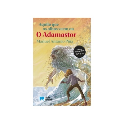 Capa do livro O Adamastor com ilustração de figura mitológica e pessoa na praia