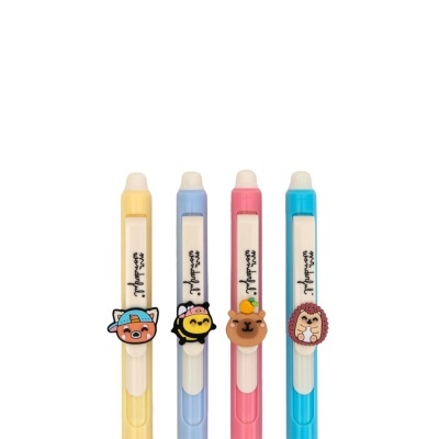 Quatro canetas coloridas com personagens animais decorativos e texto mr wonderful.