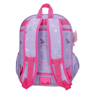 Mochila lilás e rosa com padrões decorativos e texto