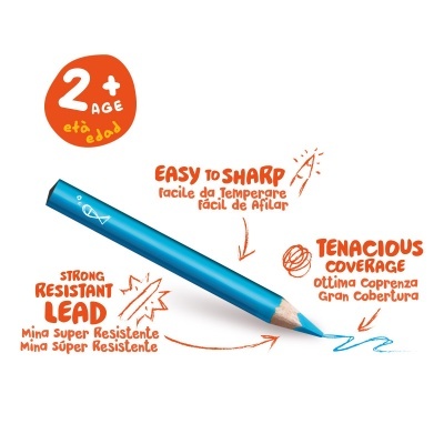 Lápis de cor azul com texto sobre facilidade de afiar, resistência da mina e cobertura.