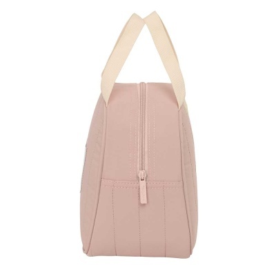 Mala rosa claro vista de lado com fecho e alças de tecido