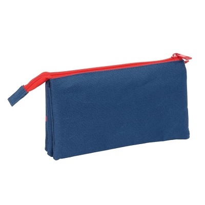 Estojo azul com fecho vermelho e fundo branco