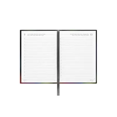 Caderno diário aberto com linhas e numeração horária de 9 a 10.