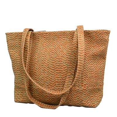 Saco tote de tecido castanho e laranja com padrão xadrez