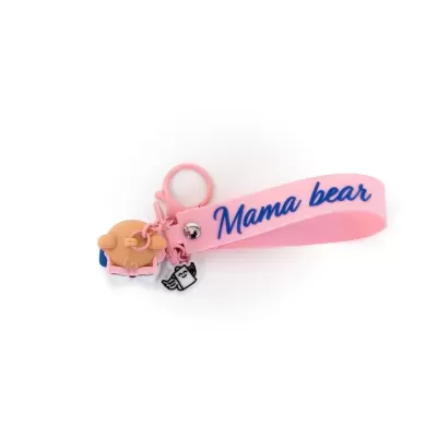 Porta-chaves rosa com texto Mama bear e pendentes de urso e papel