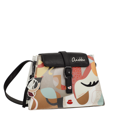 Mala de senhora Anekke com estampado colorido abstrato e fecho em aba preta com fivela