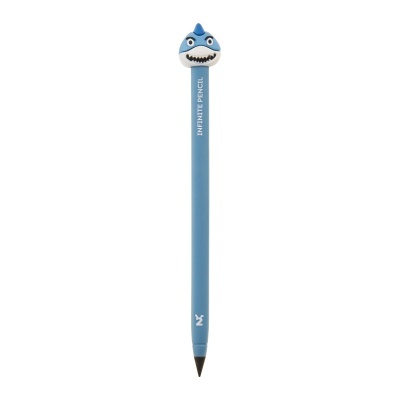 Lápis azul com topo de tubarão e texto INFINITE PENCIL.