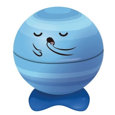 Brinquedo ou recipiente redondo azul com expressão facial desenhada