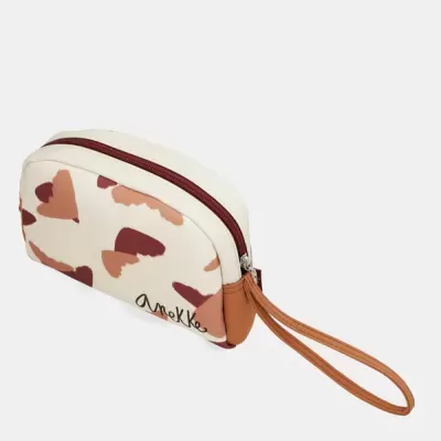 Bolsa retocar maquilhagem com padrão de manchas cor-de-rosa e castanhas e alça de mão castanha