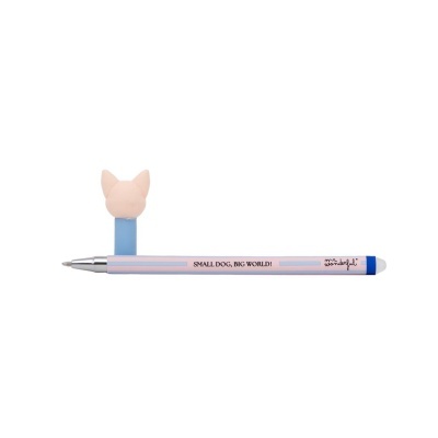 Caneta rosa com frase e figura 3D de cabeça de cão na tampa