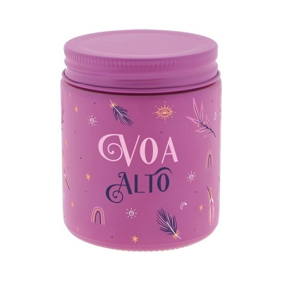 Frasco rosa com tampa rosqueada e texto Voa Alto