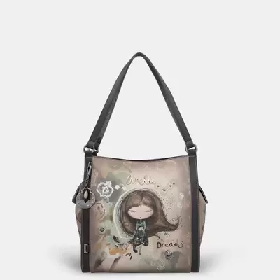 Mala de ombro bege e castanha com ilustração de menina e texto Cherish e Dreams