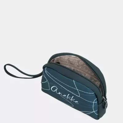 Bolsa de mão azul escuro com padrão de linhas brancas e texto Anekke