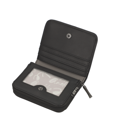 Carteira preta de material sintético com fecho de botão e zíper