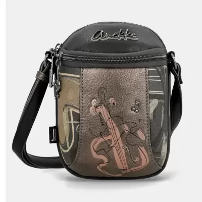 Bolsa pequena Aneke com padrão artístico e logo metálico