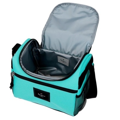 Bolsa térmica azul-turquesa com interior cinzento e alça preta