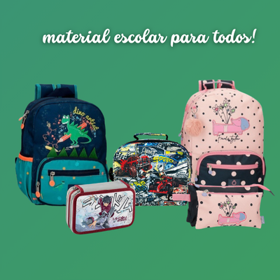 Conjunto de mochilas e estojos de material escolar com vários desenhos e textos sobre fundo verde