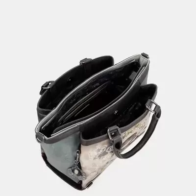 Mala de mão feminina com três compartimentos e padrão abstrato cinza e bege