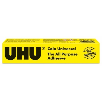 Embalagem amarela de Cola Universal UHU com texto e selo preto