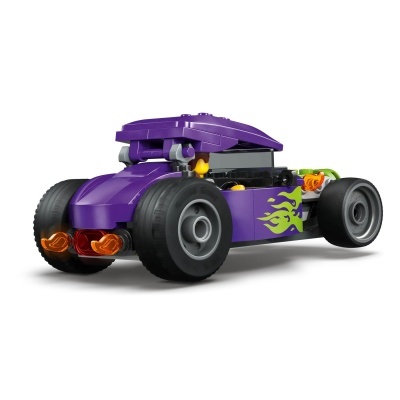 Carro de brinquedo de construção LEGO roxo com rodas negras e chamas amarelas