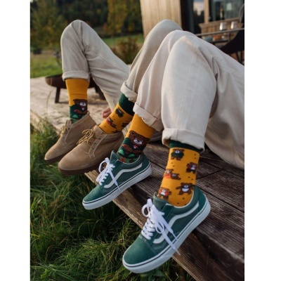 Meias amarelas com padrão de ursos castanhos usados com calças bege e sapatos ao ar livre